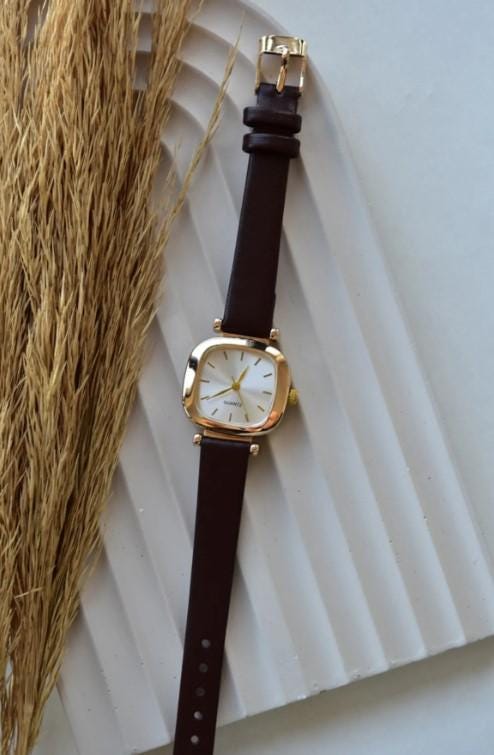 Women's Wristwatch, Square Retro Women's Watch, Silver Color, Gold Color Women's Watch, White Design Dial, Black Leather Strap Women's Watch