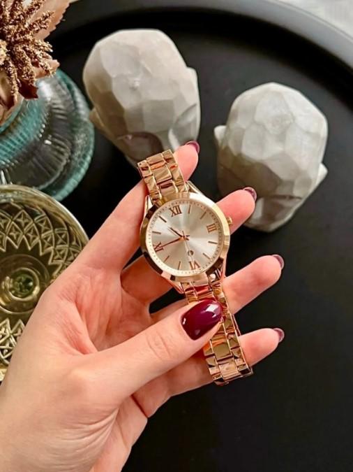 Women's Wristwatch with Calendar,Gold Color Women's Watch, Luminous Indexes, Easy to Use, White Design Dial, Elegant Design, Stylish