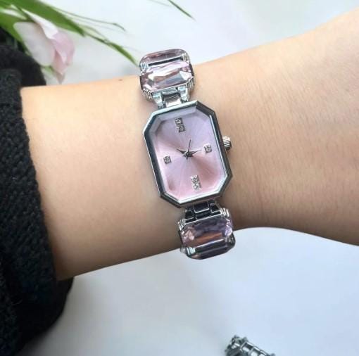 Pink women's wristwatch with cut stones, Wrist Watch for Women, Gold Colour, Vintage Design, Adjustable Band, Waterproof Watch