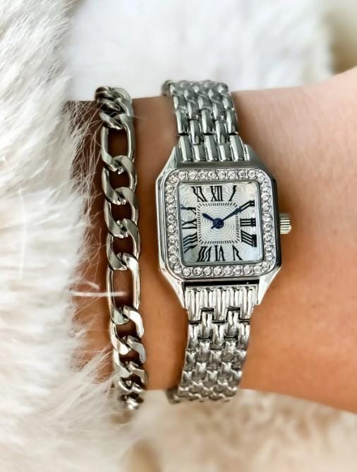 Silver Retro Model, Minimal Square Case, Yellow Color, Roman Numeral Women's Wristwatch Bracelet in a Special Gift Box, Silver Women Watch