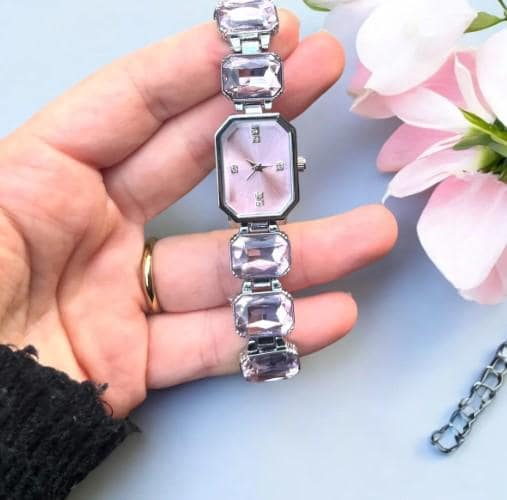 Pink women's wristwatch with cut stones, Wrist Watch for Women, Gold Colour, Vintage Design, Adjustable Band, Waterproof Watch