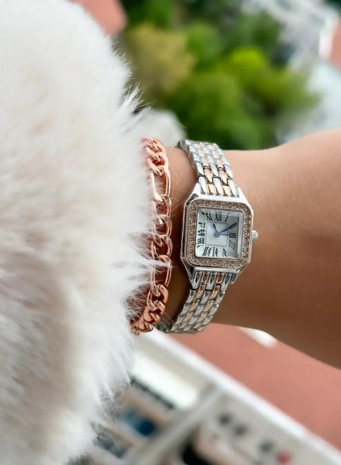 Silver and Rose Retro Model,Minimal Square Case,Roman Numeral Women's Wristwatch Bracelet in a Special Gift Box, Silver and Rose Women Watch