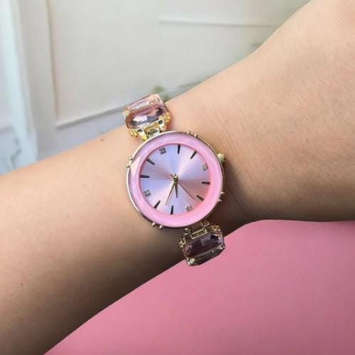 Pink women's wristwatch with cut stones, Wrist Watch for Women, Gold Colour, Vintage Design, Adjustable Band, Waterproof Watch