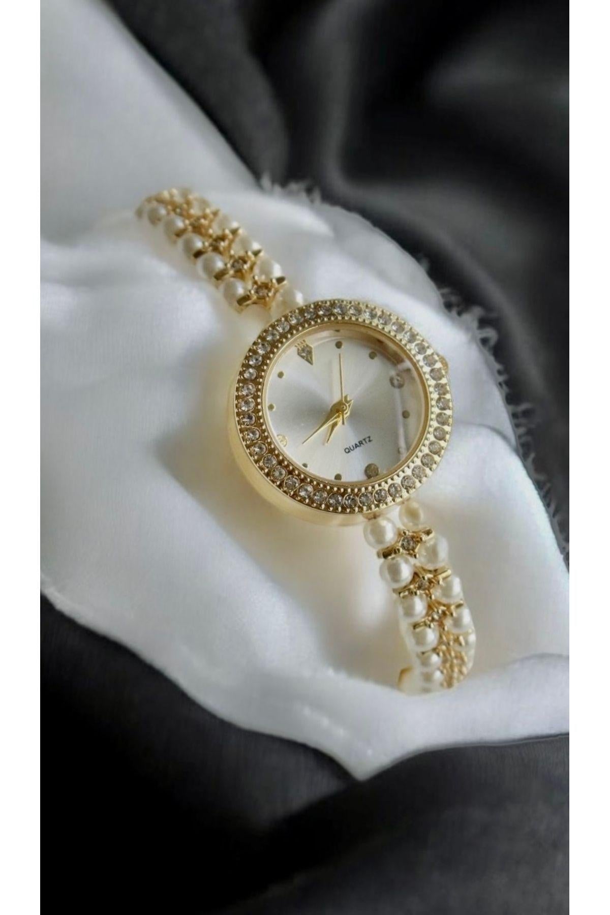 Pearl Grains Series Pearl Stone Appearance Women's Wristwatch, Gold Renk Kadın Saati, Işıklı Endeksler, Kolay Kullanım, Beyaz Tasarım Kadran