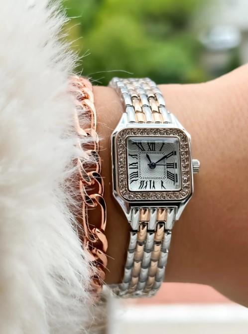 Silver and Rose Retro Model,Minimal Square Case,Roman Numeral Women's Wristwatch Bracelet in a Special Gift Box, Silver and Rose Women Watch