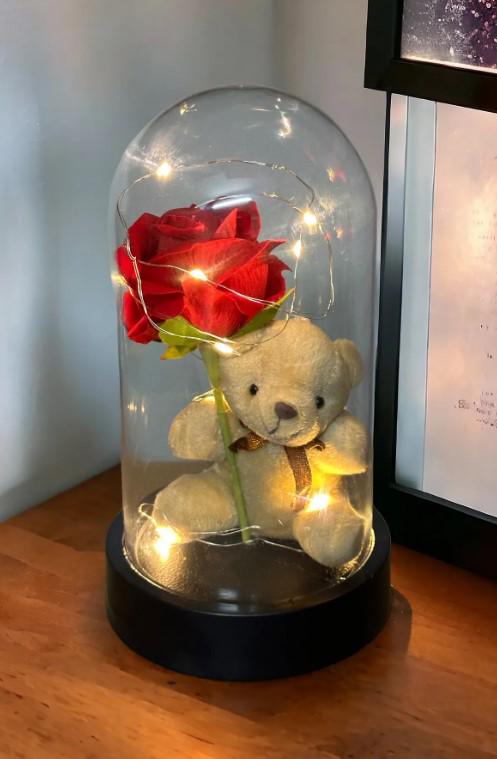 Plush Teddy Bear Holding a Rose Lamp , Rose Gift, Eternity Rose, Romantic Gift for Lover | Mother's Day Gift | LED Light Glass Dome Rose