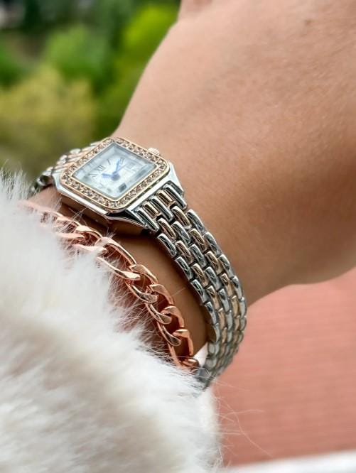 Silver and Rose Retro Model,Minimal Square Case,Roman Numeral Women's Wristwatch Bracelet in a Special Gift Box, Silver and Rose Women Watch