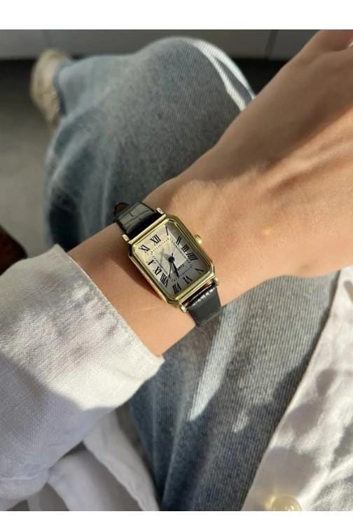 Women's Wristwatch, Square Retro Women's Watch, Silver Color, Gold Color Women's Watch, White Design Dial, Black Leather Strap Women's Watch