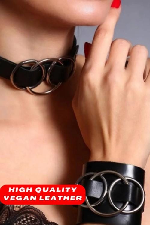 Leather Choker Neck Accessory and Bracelet Set with Three Ring Detail