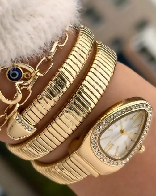 Yellow Stone Snake Model Women's Wristwatch Bracelet in a Special Gift Box Evil Eye Beaded Bracelet