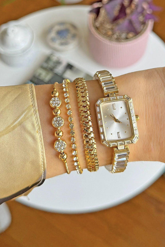Lux Women's Watch, Gold Plated Stone Women's Wristwatch - Luxury Watch and Bracelet Combination Set of 4