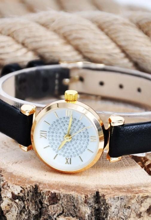 Stylish and Simple Wristwatch for Women with Gold Color Stone Case and Black Thin Leather Strap