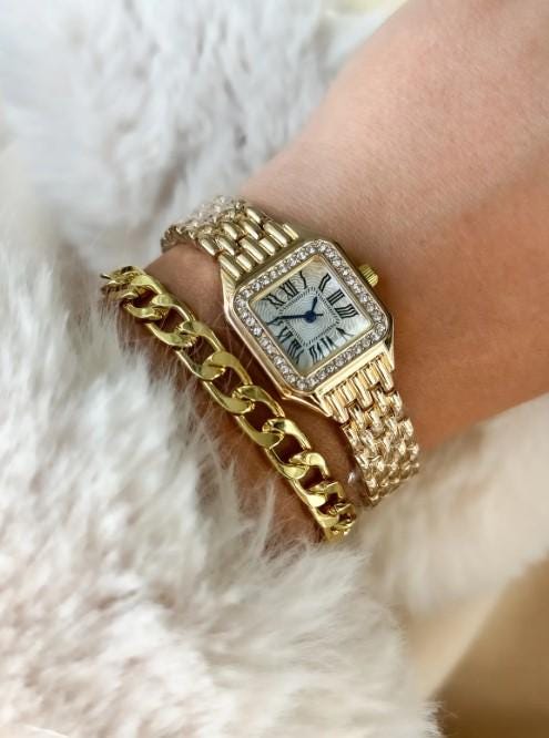 Gold Retro Model, Minimal Square Case, Yellow Color, Roman Numeral Women's Wristwatch Bracelet in a Special Gift Box, Gold Women Watch