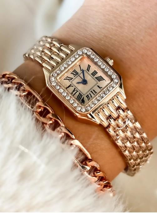 Rose Gold Retro Model, Minimal Square Case, Yellow Color, Roman Numeral Women's Wristwatch Bracelet in a Special Gift Box, Rose Gold Watch