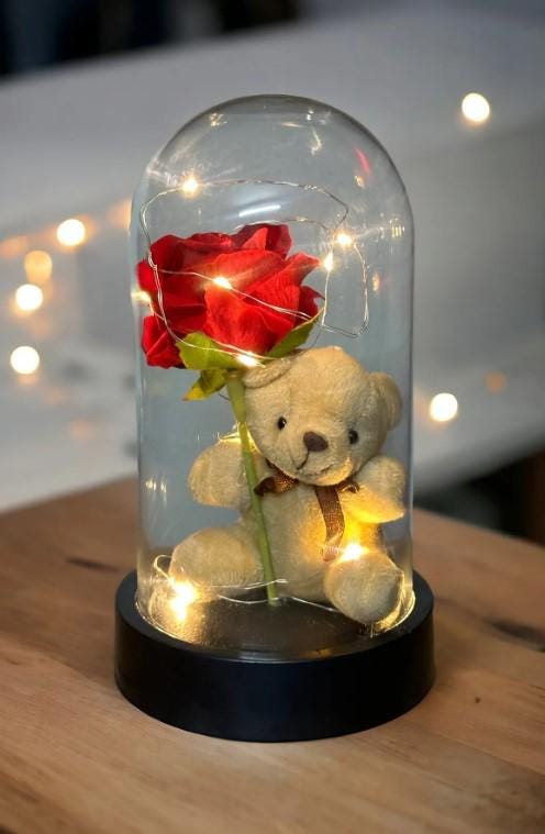 Plush Teddy Bear Holding a Rose Lamp , Rose Gift, Eternity Rose, Romantic Gift for Lover | Mother's Day Gift | LED Light Glass Dome Rose