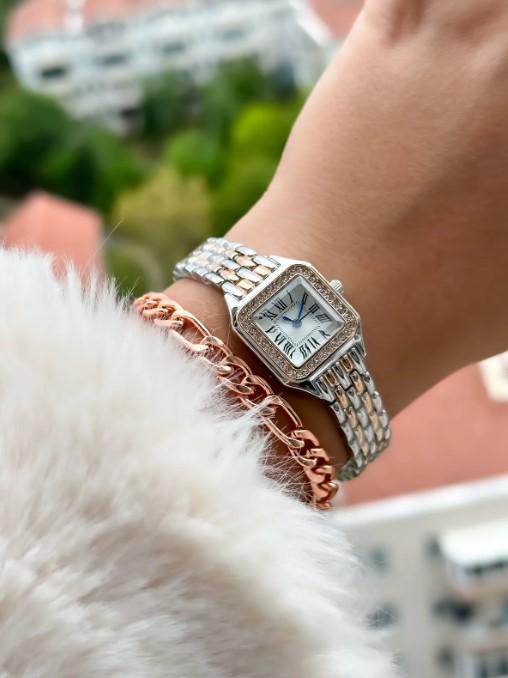 Silver and Rose Retro Model,Minimal Square Case,Roman Numeral Women's Wristwatch Bracelet in a Special Gift Box, Silver and Rose Women Watch