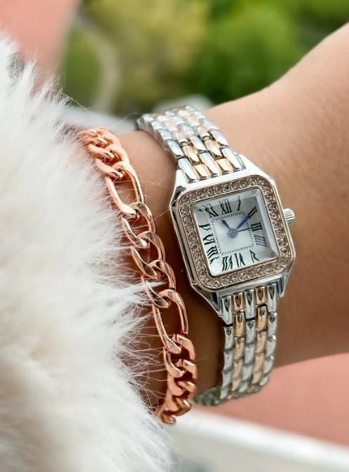 Silver and Rose Retro Model,Minimal Square Case,Roman Numeral Women's Wristwatch Bracelet in a Special Gift Box, Silver and Rose Women Watch