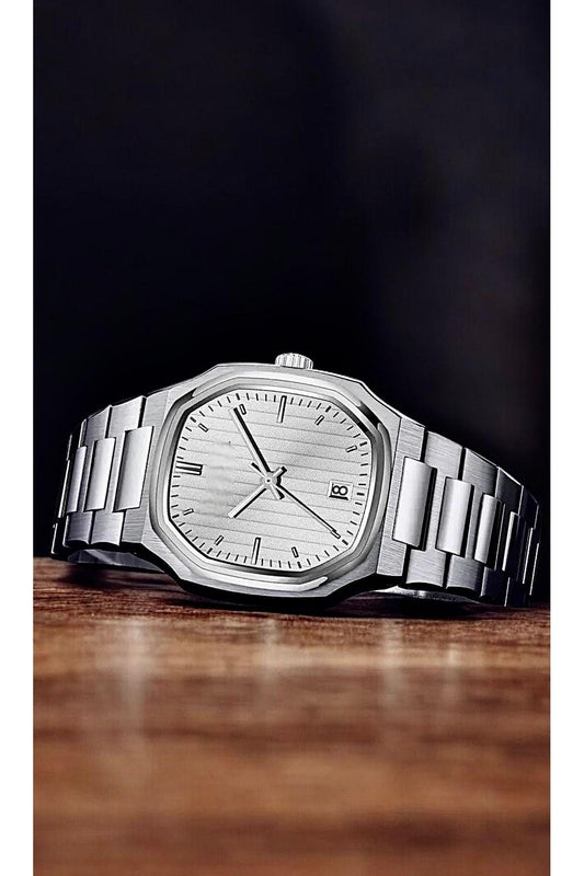 Stylish Silver Color Watch, All Stainless Steel, Watch for Men, Gift for Him, White Dial with Date, Father's Day Gift