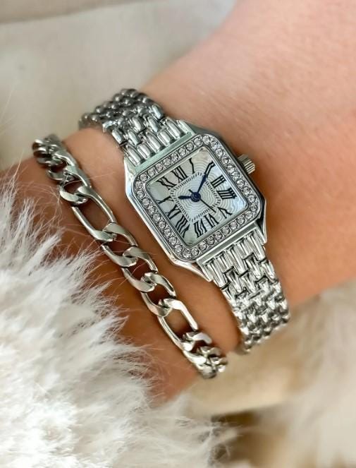 Silver Retro Model, Minimal Square Case, Yellow Color, Roman Numeral Women's Wristwatch Bracelet in a Special Gift Box, Silver Women Watch