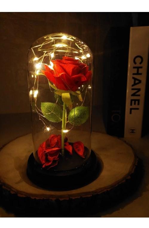 LED Illuminated Glass Dome Rose, LED Illuminated, Non-Fading Red Rose Lamp and Rose Gold Plated Necklace, Romantic Gift for Lover