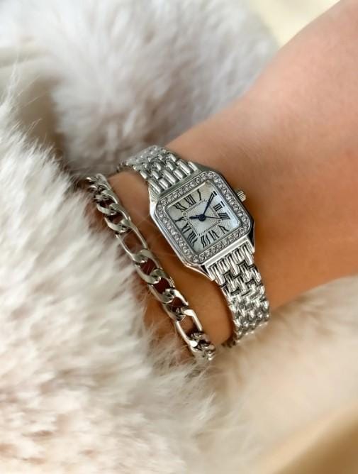 Silver Retro Model, Minimal Square Case, Yellow Color, Roman Numeral Women's Wristwatch Bracelet in a Special Gift Box, Silver Women Watch
