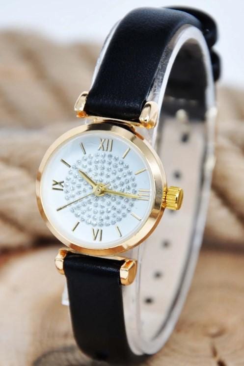 Stylish and Simple Wristwatch for Women with Gold Color Stone Case and Black Thin Leather Strap