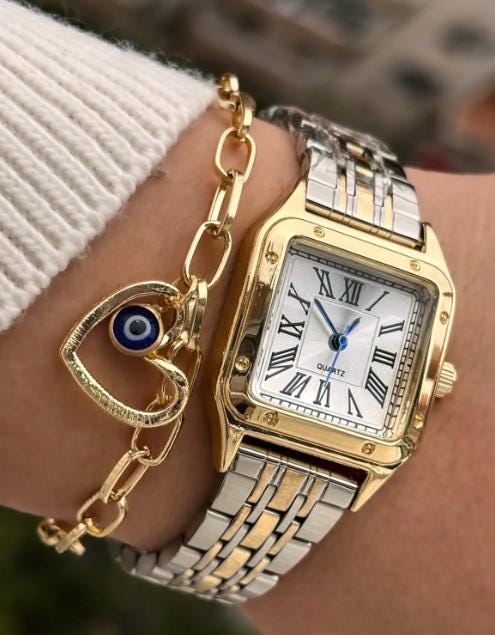 Kadın Kol Saati, Kare Retro Kadın Saati, Gümüş Renk, Gold Renk Kadın Saati, Işıklı Endeksler, Kolay Kullanım, Beyaz Tasarım Kadran