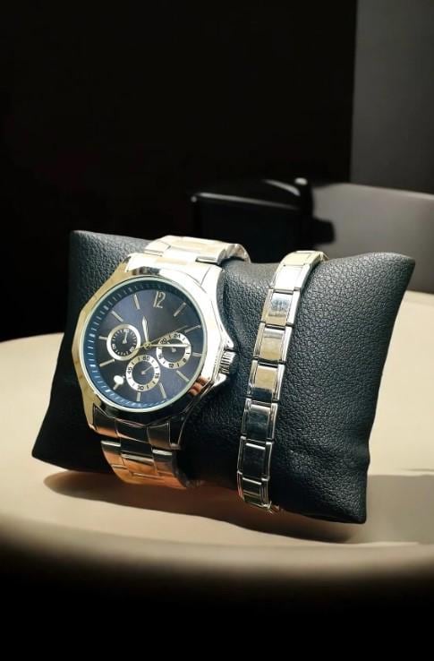 Stylish Silver Color Watch And Bracelet, All Stainless Steel, Watch for Men, Gift for Him, White Dial with Date, Father's Day Gift