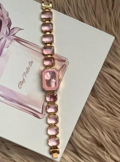 Pink women's wristwatch with cut stones, Wrist Watch for Women, Gold Colour, Vintage Design, Adjustable Band, Waterproof Watch