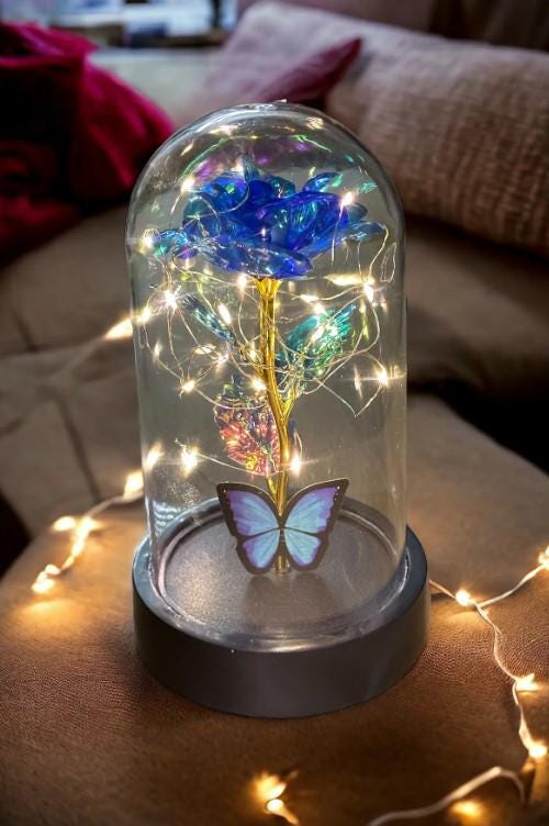 Fairy LED Lighted Butterfly Bouquet Flower in a Bell Jar Blue Fading Infinity Rose Galaxy Lamp,  Rose Gift, Romantic Gift for Lover |