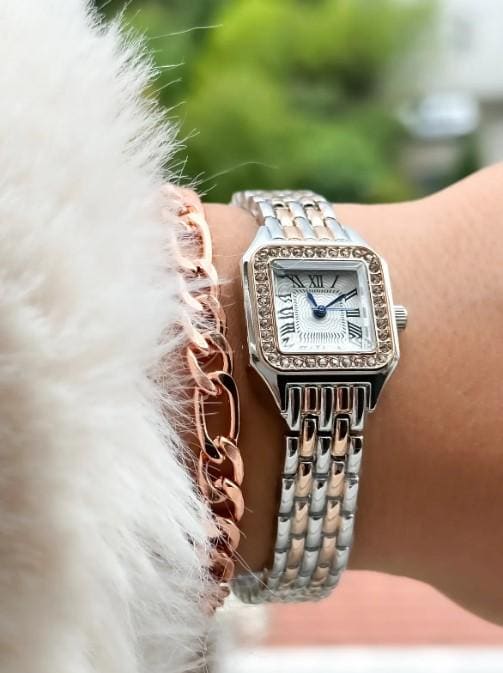 Silver and Rose Retro Model,Minimal Square Case,Roman Numeral Women's Wristwatch Bracelet in a Special Gift Box, Silver and Rose Women Watch
