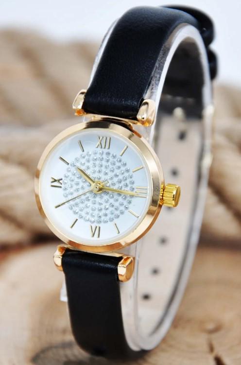 Stylish and Simple Wristwatch for Women with Gold Color Stone Case and Black Thin Leather Strap