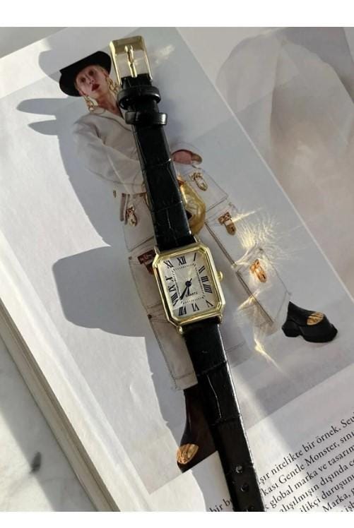 Women's Wristwatch, Square Retro Women's Watch, Silver Color, Gold Color Women's Watch, White Design Dial, Black Leather Strap Women's Watch
