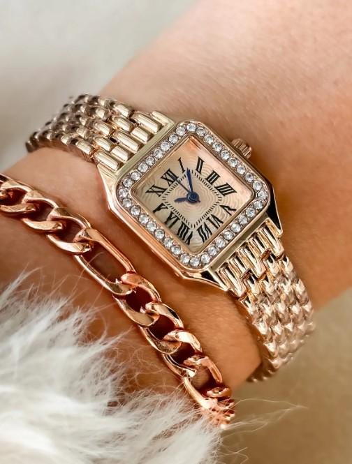 Rose Gold Retro Model, Minimal Square Case, Yellow Color, Roman Numeral Women's Wristwatch Bracelet in a Special Gift Box, Rose Gold Watch