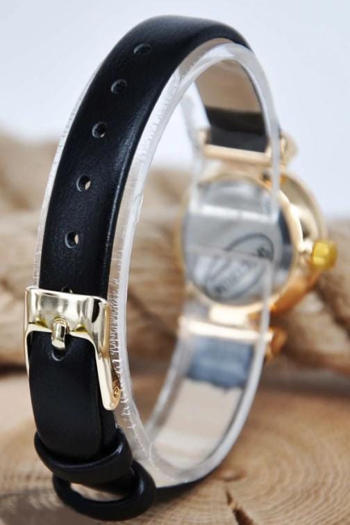 Stylish and Simple Wristwatch for Women with Gold Color Stone Case and Black Thin Leather Strap