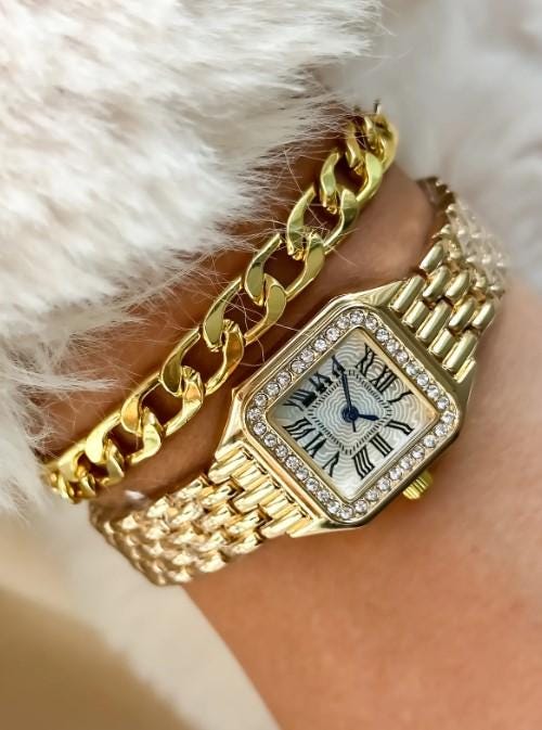 Gold Retro Model, Minimal Square Case, Yellow Color, Roman Numeral Women's Wristwatch Bracelet in a Special Gift Box, Gold Women Watch
