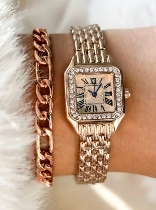 Rose Gold Retro Model, Minimal Square Case, Yellow Color, Roman Numeral Women's Wristwatch Bracelet in a Special Gift Box, Rose Gold Watch