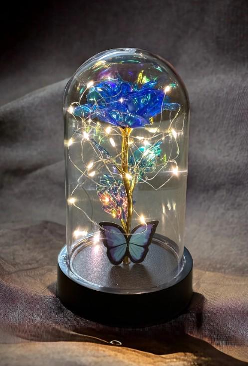 Fairy LED Lighted Butterfly Bouquet Flower in a Bell Jar Blue Fading Infinity Rose Galaxy Lamp,  Rose Gift, Romantic Gift for Lover |