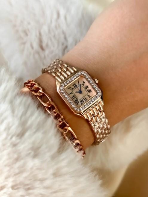Rose Gold Retro Model, Minimal Square Case, Yellow Color, Roman Numeral Women's Wristwatch Bracelet in a Special Gift Box, Rose Gold Watch