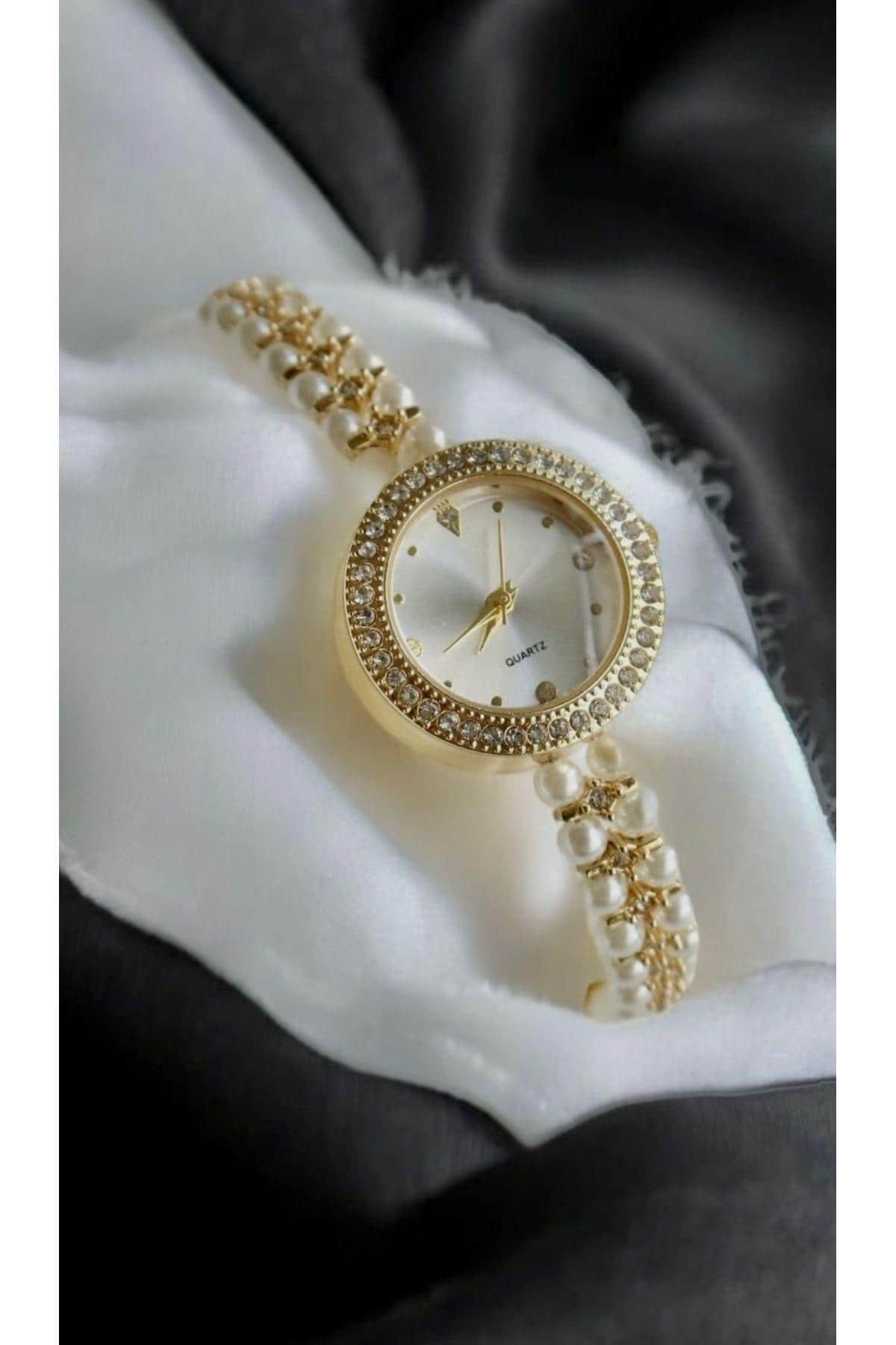 Pearl Grains Series Pearl Stone Appearance Women's Wristwatch, Gold Renk Kadın Saati, Işıklı Endeksler, Kolay Kullanım, Beyaz Tasarım Kadran