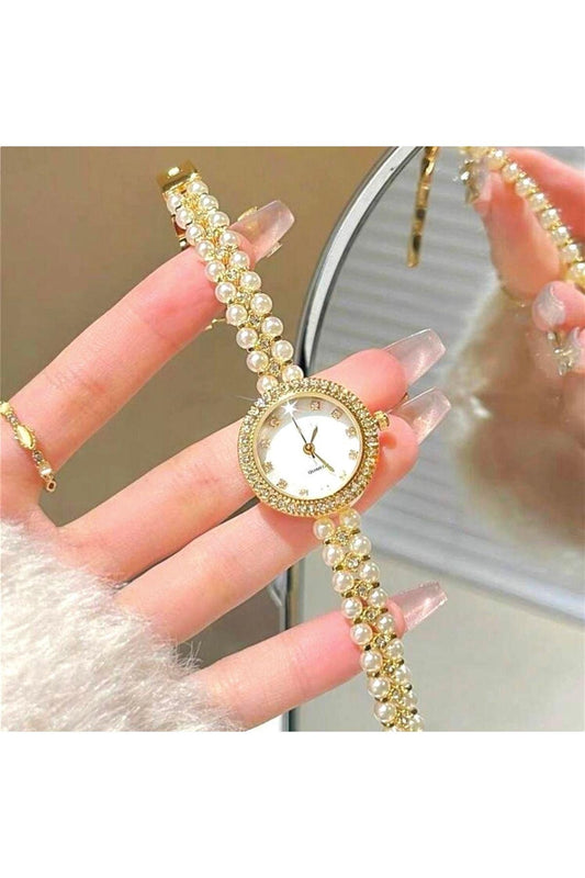 Pearl Grains Series Pearl Stone Appearance Women's Wristwatch, Gold Renk Kadın Saati, Işıklı Endeksler, Kolay Kullanım, Beyaz Tasarım Kadran