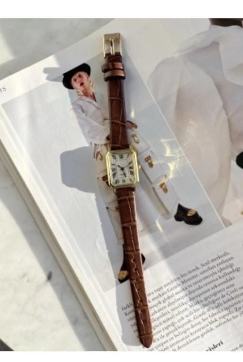 Women's Wristwatch, Square Retro Women's Watch, Silver Color, Gold Color Women's Watch, White Design Dial, Black Leather Strap Women's Watch