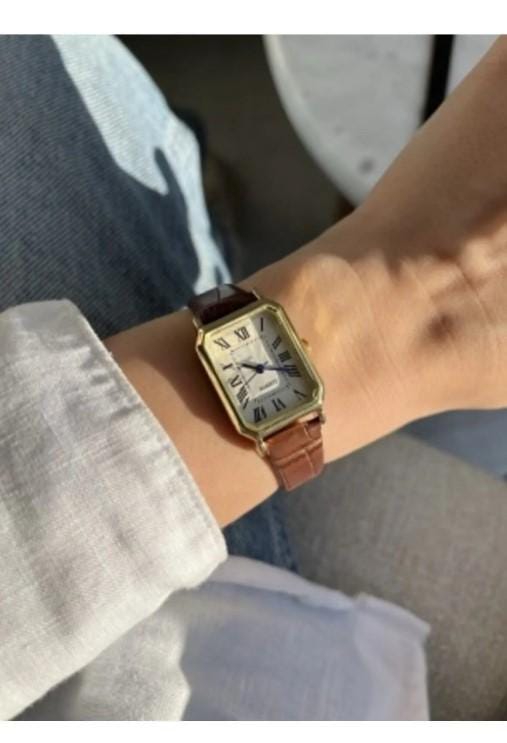 Women's Wristwatch, Square Retro Women's Watch, Silver Color, Gold Color Women's Watch, White Design Dial, Black Leather Strap Women's Watch
