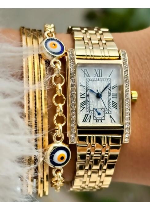Rib Model Chain Cord Gold Color Stylish Women's Wristwatch and Bracelet, Luminous Indexes, Easy to Use, White Design Dial, Elegant Design