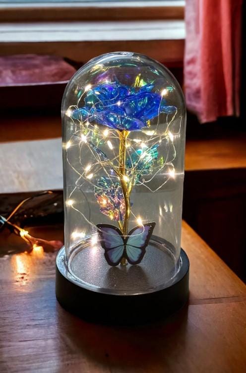 Fairy LED Lighted Butterfly Bouquet Flower in a Bell Jar Blue Fading Infinity Rose Galaxy Lamp,  Rose Gift, Romantic Gift for Lover |