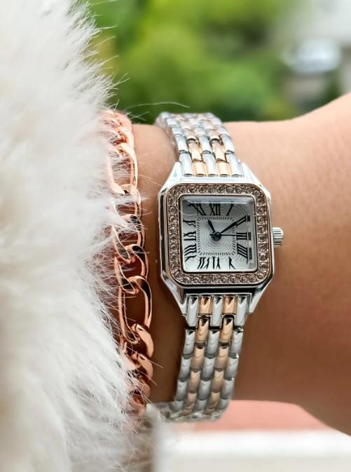 Silver and Rose Retro Model,Minimal Square Case,Roman Numeral Women's Wristwatch Bracelet in a Special Gift Box, Silver and Rose Women Watch