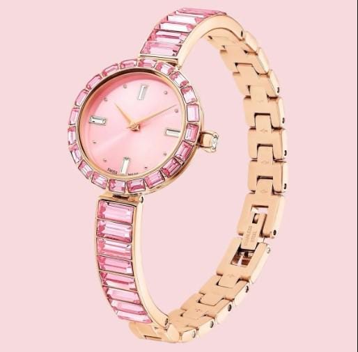 Pink women's wristwatch with cut stones, Wrist Watch for Women, Gold Colour, Vintage Design, Adjustable Band, Waterproof Watch