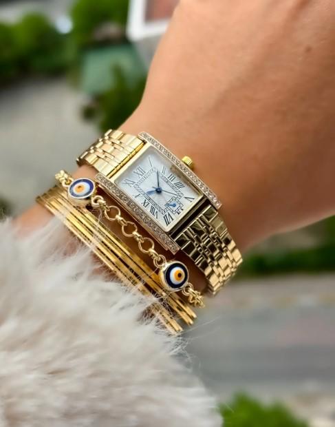 Rib Model Chain Cord Gold Color Stylish Women's Wristwatch and Bracelet, Luminous Indexes, Easy to Use, White Design Dial, Elegant Design