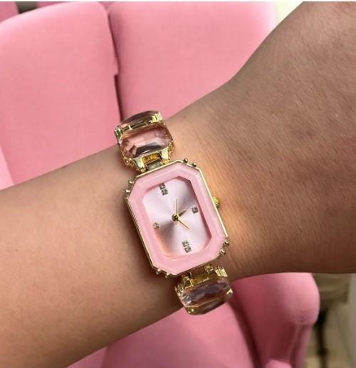 Pink women's wristwatch with cut stones, Wrist Watch for Women, Gold Colour, Vintage Design, Adjustable Band, Waterproof Watch
