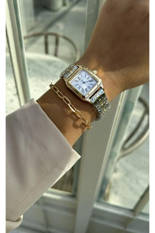 Kadın Kol Saati, Kare Retro Kadın Saati, Gümüş Renk, Gold Renk Kadın Saati, Işıklı Endeksler, Kolay Kullanım, Beyaz Tasarım Kadran